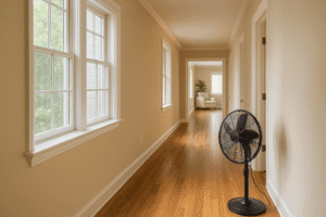 Esquina de pasillo con ventanas amplias y ventilador de pedestal, ambiente luminoso y cálido, perfectos para instalaciones de ventilación y climatización en hogares.