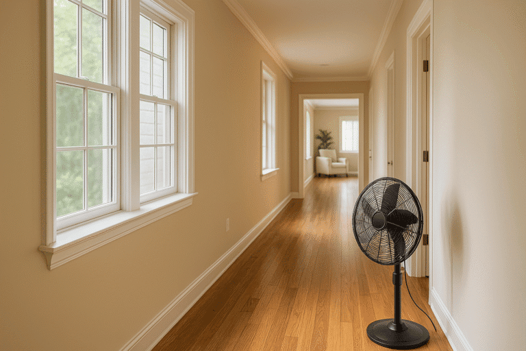 Esquina de pasillo con ventanas amplias y ventilador de pedestal, ambiente luminoso y cálido, perfectos para instalaciones de ventilación y climatización en hogares.