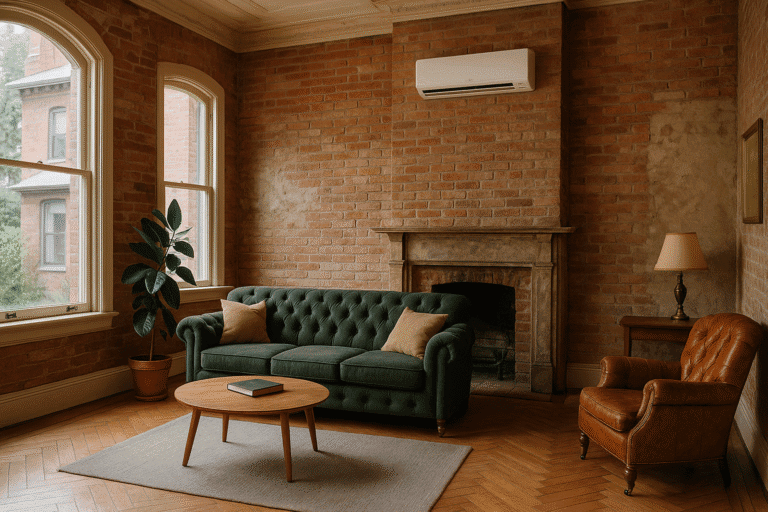 Cuidado de instalaciones de aire acondicionado y calefacción en espacios interiores con estilo vintage y paredes de ladrillo. Servicios especializados para mejorar la eficiencia y confort del hogar.
