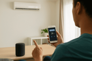Control de aire acondicionado inteligente con aplicación móvil en hogar moderno. Rejuvenece tu clima en casa con tecnología se avanzada y eficiencia energética.