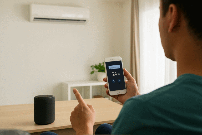 Control de aire acondicionado inteligente con aplicación móvil en hogar moderno. Rejuvenece tu clima en casa con tecnología se avanzada y eficiencia energética.