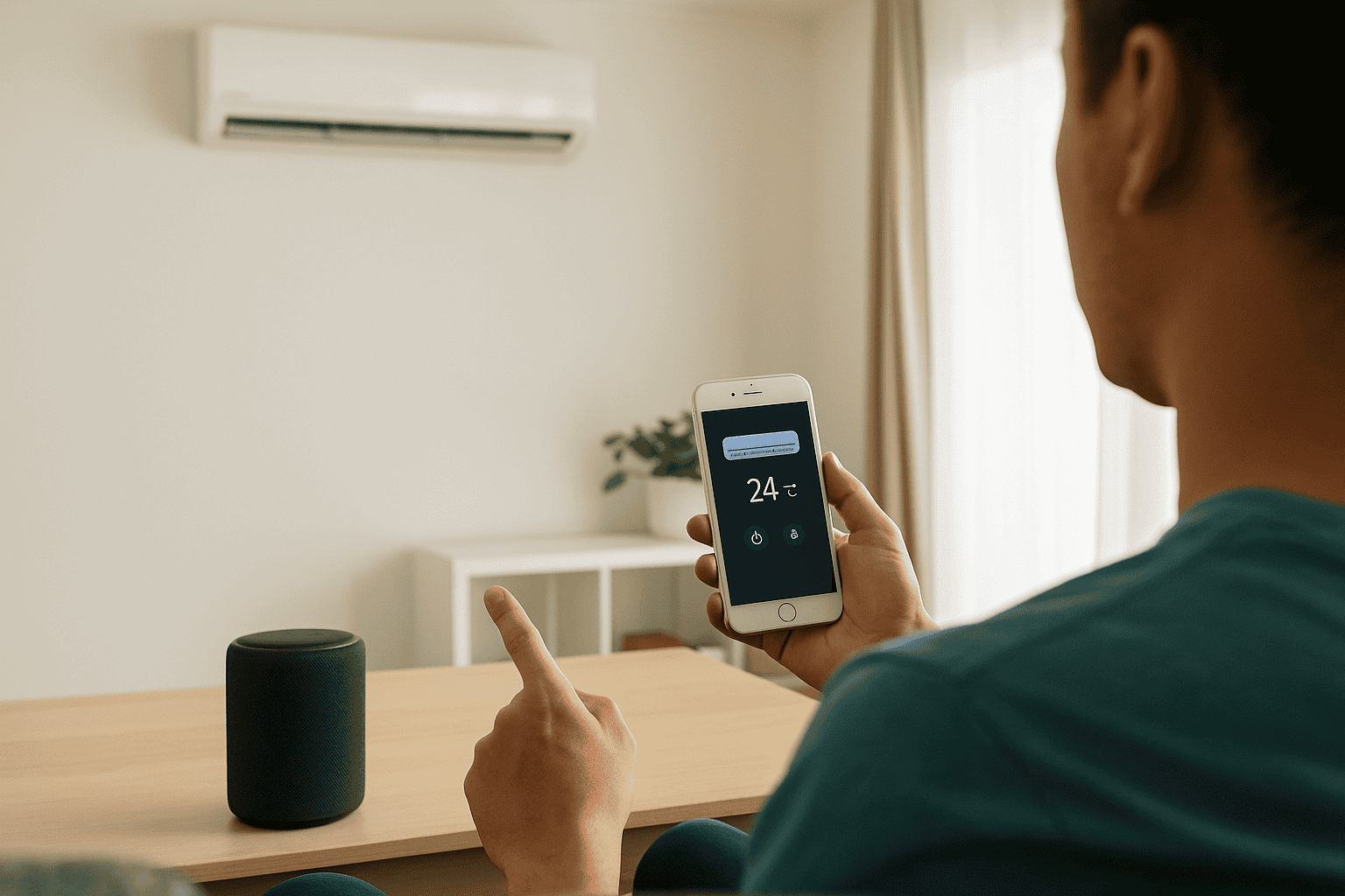 Control de aire acondicionado inteligente con aplicación móvil en hogar moderno. Rejuvenece tu clima en casa con tecnología se avanzada y eficiencia energética.