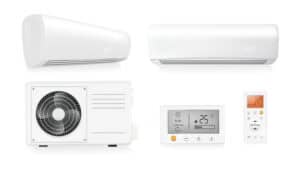 Sistema de aire acondicionado inverter con control remoto y unidad condensadora para eficiencia energética y climatización residencial.