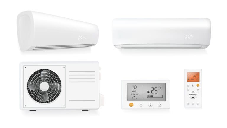 Sistema de aire acondicionado inverter con control remoto y unidad condensadora para eficiencia energética y climatización residencial.