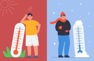 Termómetro gigante en exteriores en clima cálido y frío, ilustración de temperaturas extremas.