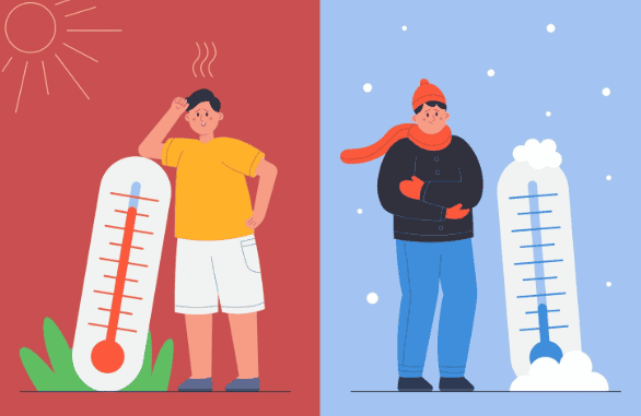 Termómetro gigante en exteriores en clima cálido y frío, ilustración de temperaturas extremas.