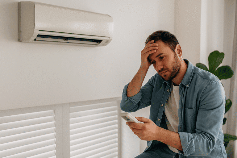 Reparación de aire acondicionado averiado en casa, técnico revisando el dispositivo, solución rápida y eficaz por Instalaciones Bec, expertos en instalaciones y mantenimiento de climatización.