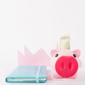 Ahorro, finanzas personales, cerdito con billetes, libreta azul y fondo blanco con icono de gráfico de crecimiento.