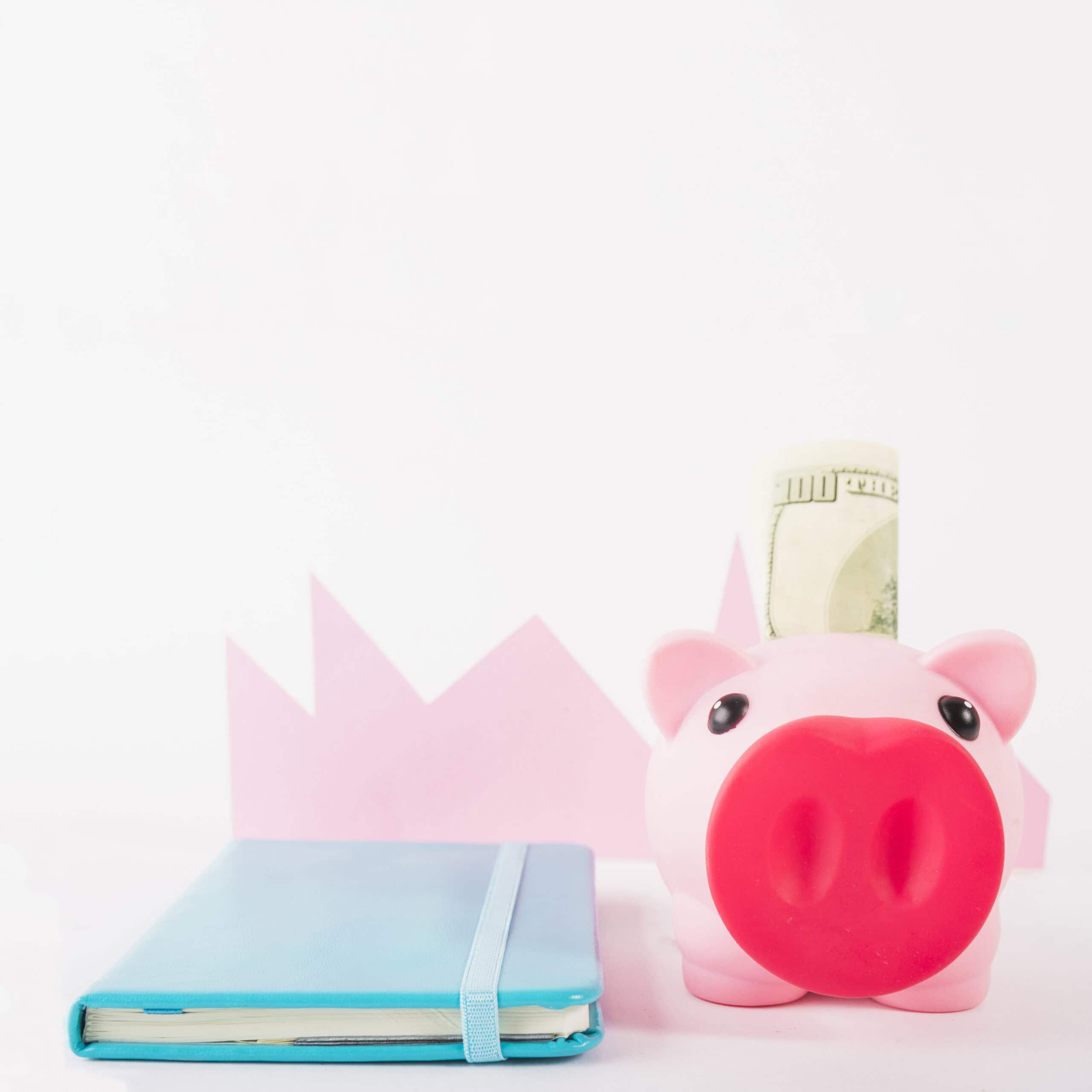 Ahorro, finanzas personales, cerdito con billetes, libreta azul y fondo blanco con icono de gráfico de crecimiento.