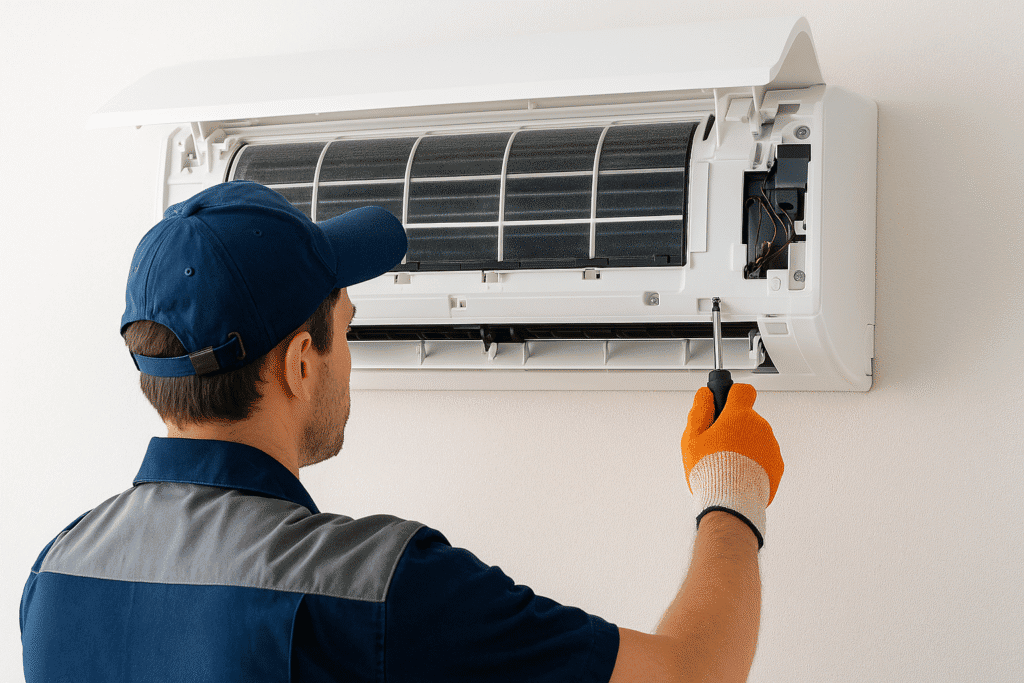 Revisión y mantenimiento de aire acondicionado por técnico especializado en instalaciones de climatización. Servicios de reparación y limpieza de sistemas de aire acondicionado.