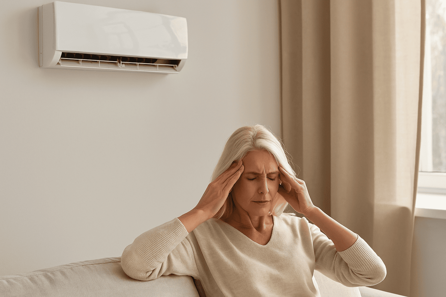 Arnés de aire acondicionado en una pared, mujer con dolor de cabeza por calor, reparación de sistemas de climatización, instalaciones de aire acondicionado en hogares.