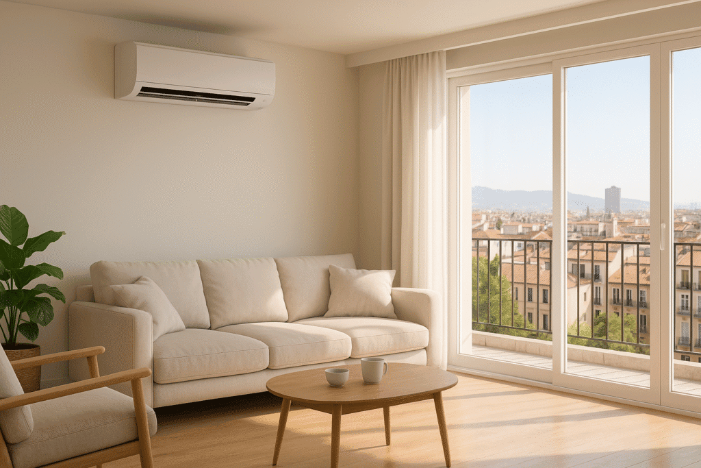 Conjunto de sala moderna y luminosa con sofá beige, mesa de café de madera y aire acondicionado en un apartamento con vistas a la ciudad y balcón.