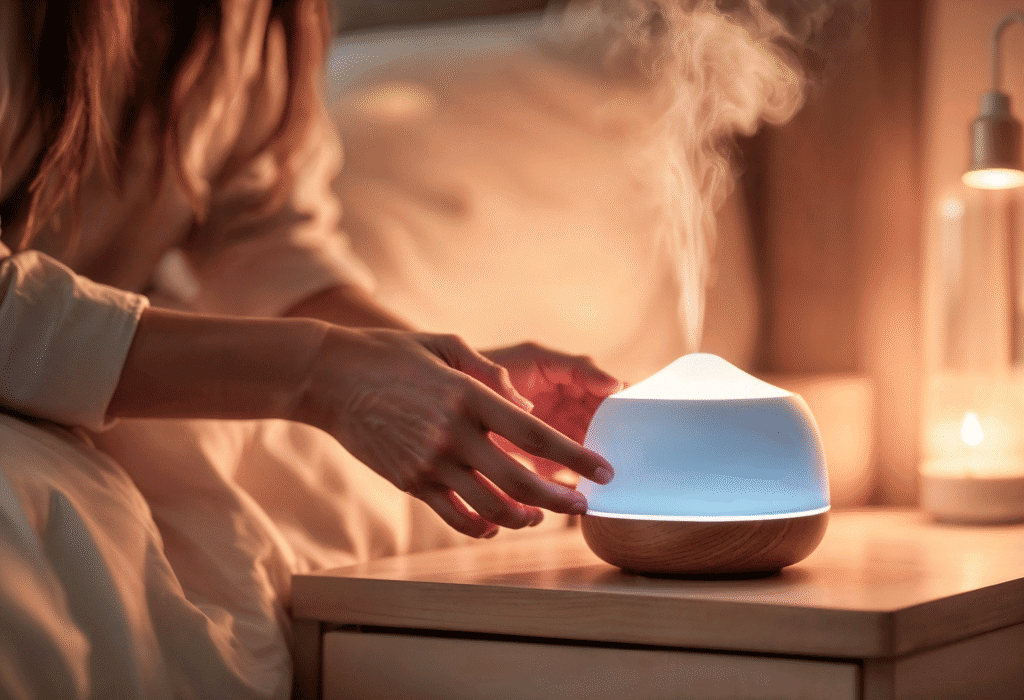 Conjunto de altavoces inteligentes y humidificador en habitación moderna, ideales para automatización y confort en instalaciones de domótica.