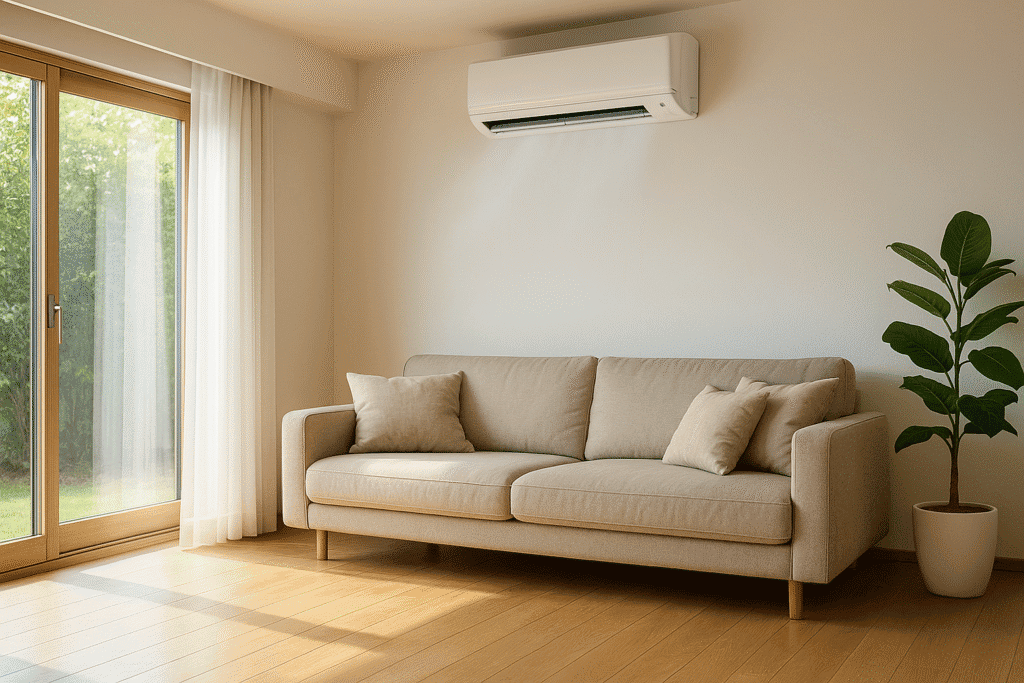Aire acondicionado en salón con sofá beige, decoración moderna y planta ornamental. Ideal para crear ambientes confortables en viviendas y oficinas, garantizando climatización eficiente y estética atractiva.